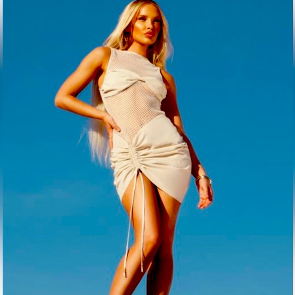 PLT Label out of stock dress. Ivory Net and Linen Ruched Mini Dress. Never Worn